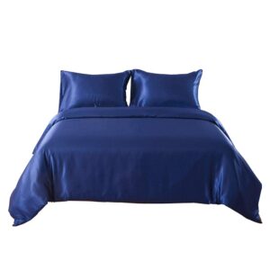 opulence bedding silk satin duvet cover set twin 3 piece (duvet cover + 2 pillowcases) duvet cover twin size navy blue satin comforter cover zipper closure