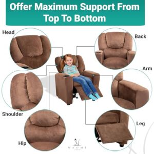 Naomi Home Suri Push Back Kids Recliner Chair with Footrest & Cup Holders, Push Back Toddler Recliner with Cup Holder, PVC Kids' Recliners for Age 3+, Kid Recliners for Girls Boys - Brown