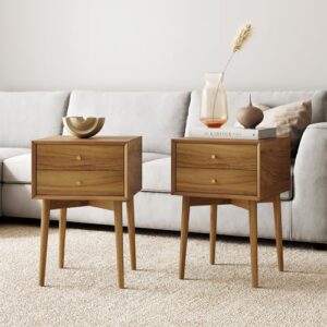 nathan james harper modern nightstand side accent or end table with storage drawer, set of 2, oak brown