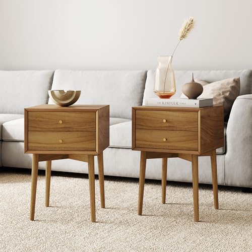 Nathan James Harper Modern Nightstand Side Accent or End Table with Storage Drawer, Set of 2, Oak Brown