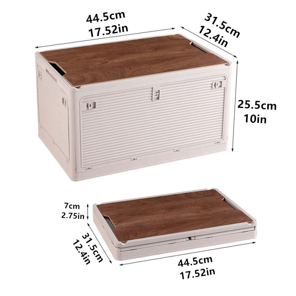 Radefasun Foldable Storage Bins with Wood Lids Plastic Collapsible Storage Box with Cutting Board Portable Stackable Grocery Container Folding Latching Storage Crate with Removable Pulley (S, Khaki)