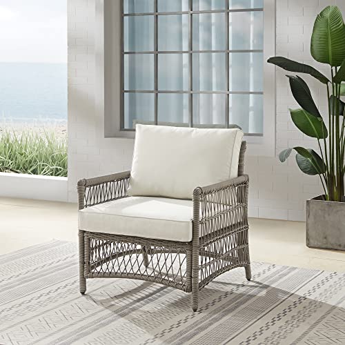 Crosley Furniture Thatcher Wicker Outdoor Chair for Porch, Deck, Backyard, Driftwood with Creme Cushions