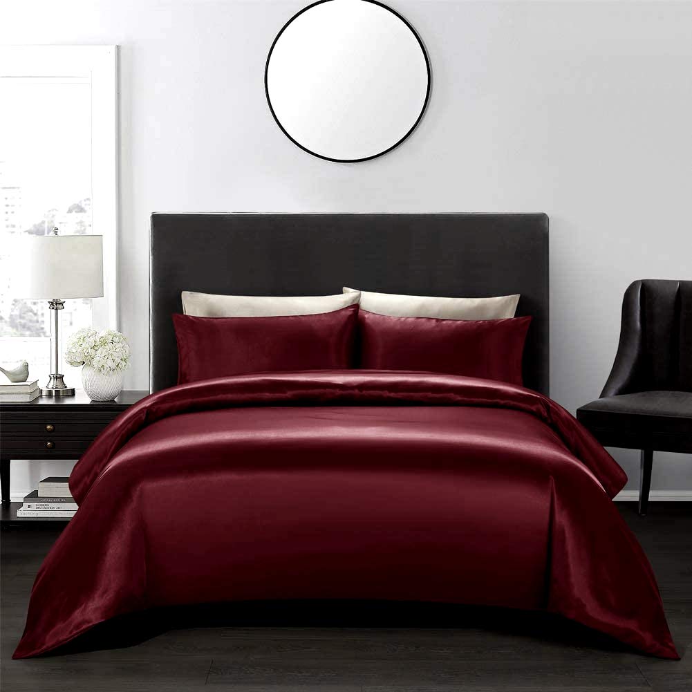 Opulence Bedding Silk Satin Duvet Cover Set Wine California King 3 Piece (Duvet Cover + 2 Pillowcases) Comforter Cover California King Size Zipper Closure