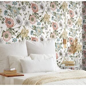 roommates rmk12281pl vintage poppy peel and stick wallpaper, 20.5 inches wide x 18 feet, pink/green, 30 sq ft