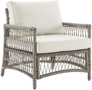 crosley furniture thatcher wicker outdoor chair for porch, deck, backyard, driftwood with creme cushions