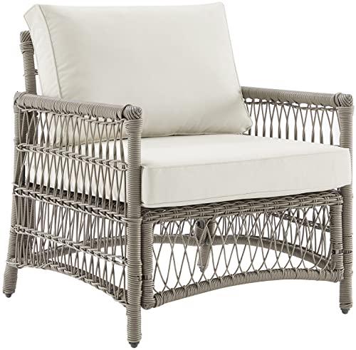 Crosley Furniture Thatcher Wicker Outdoor Chair for Porch, Deck, Backyard, Driftwood with Creme Cushions