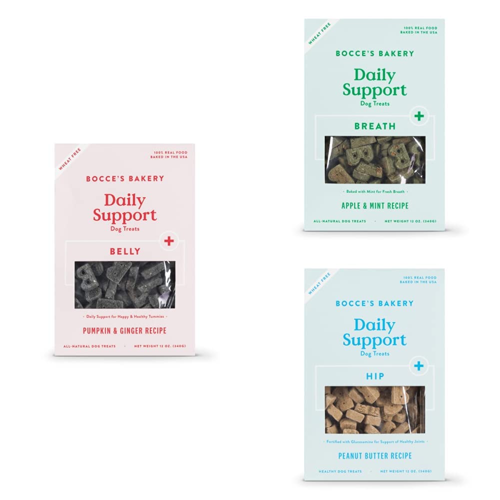 Bocce's Bakery Daily Support Treat Bundle for Dogs, Wheat-Free Dog Treats, Made with Real Ingredients, Baked in The USA, Supports Digestive Health, All-Natural Biscuits (Belly, Breath & Hip) 12 oz