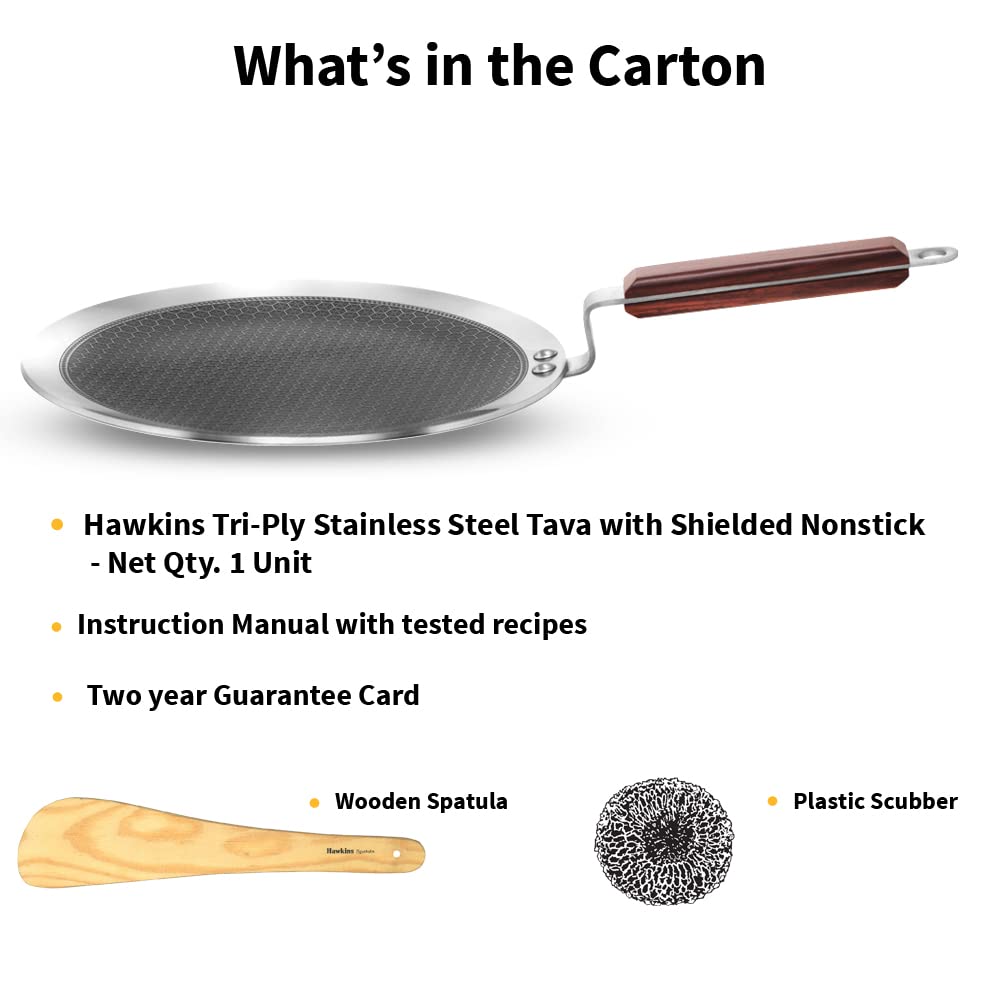 HAWKINS 26 cm Paratha Tava, Triply Stainless Steel Shielded Nonstick Tawa with Rosewood Handle, Honeycomb Non Stick Induction Tawa, Silver (NSPT26)