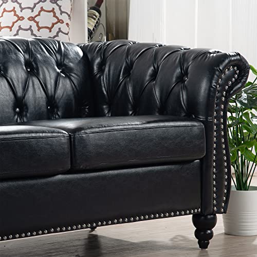 84" PU Rolled Arm Chesterfield 3 Seater Sofa Black, Mid Century Modern Couch for Small Spaces