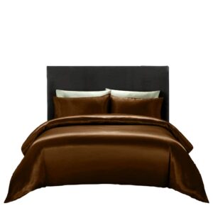 opulence bedding silk satin duvet cover set chocolate oversized king 3 piece (duvet cover + 2 pillowcases) comforter cover oversized king size zipper closure