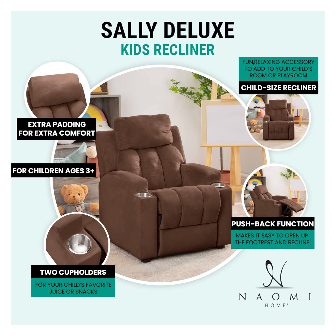 Sally Deluxe Kids Recliner Chair with Footrest & 2 Cup Holders, Push Back Toddler Recliner for Ages 3+, Perfect Kid Recliners for Boys & Girls - Ideal Recliner Chairs for Toddlers, Kids Room - Brown