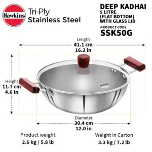 HAWKINS 5 Litre Deep Kadhai, Triply Stainless Steel Kadai with Glass Lid, Flat Bottom Induction Deep Kadhai, Big Kadai, Silver (SSK50G)