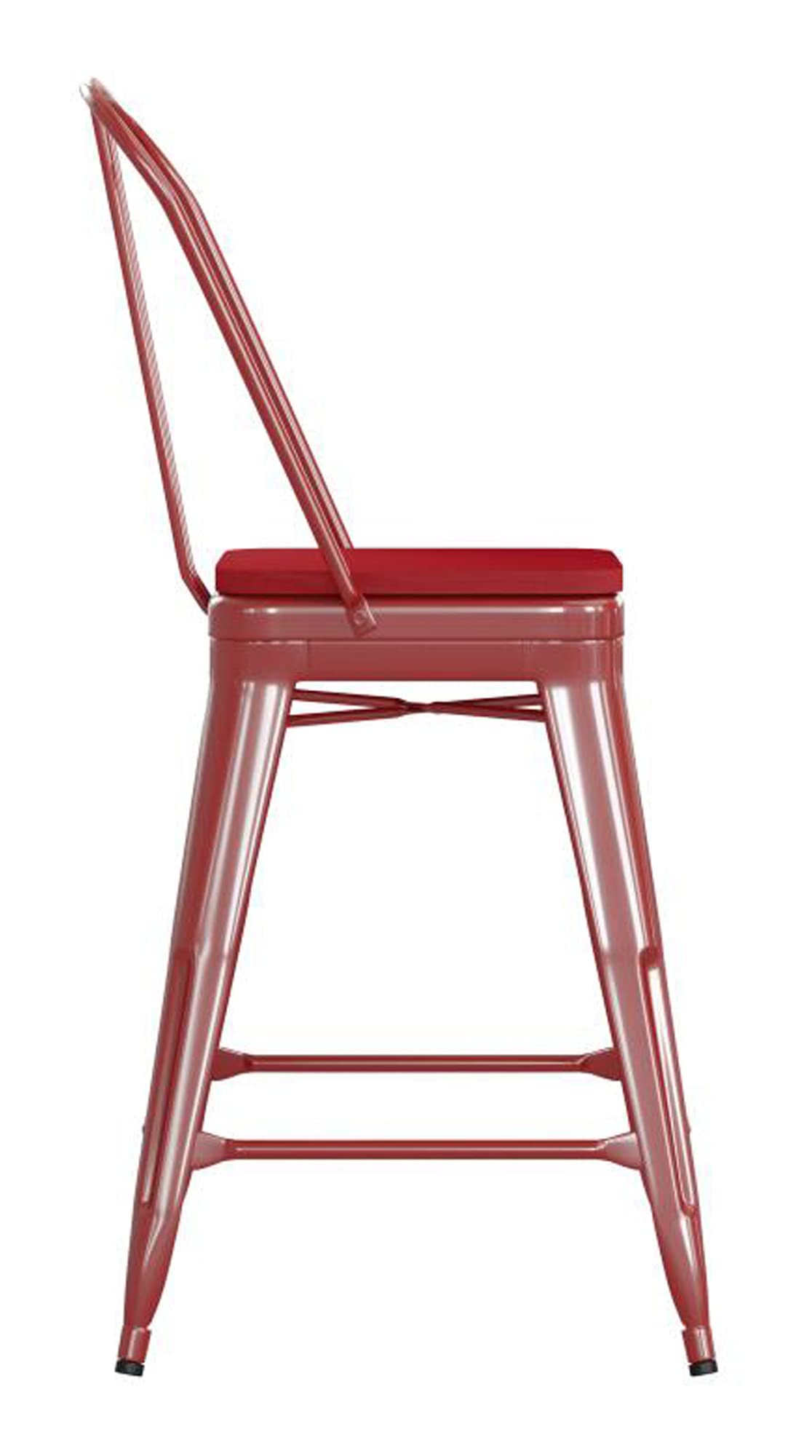 Flash Furniture Kai Commercial 24" High Indoor-Outdoor Counter Height Stool - Red Galvanized Steel Frame - Red Square All-Weather Poly Resin Seat - Removable Back