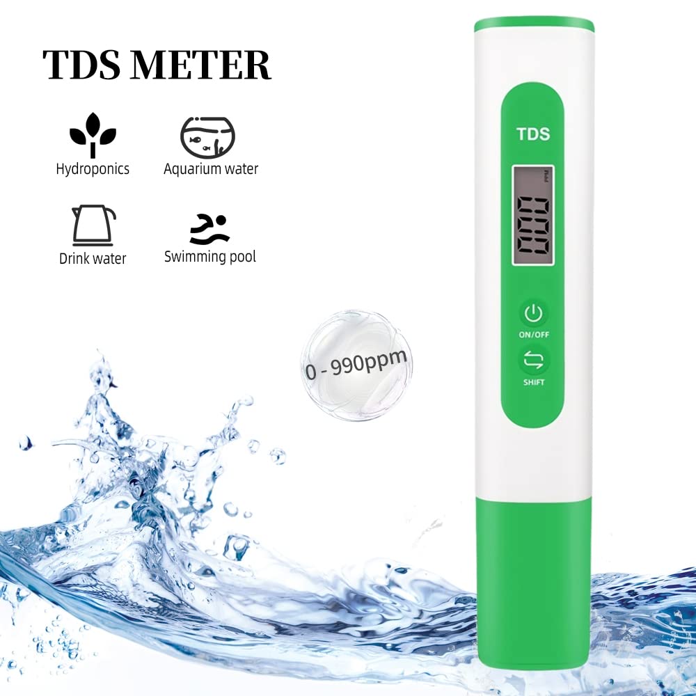 TDS Meter Digital Water Quality Tester for RO-RODI System Drinking Water,Aquariums, Hydroponics,0-9990 ppm Measuring Range,1 ppm Increments,2% Readout Accuracy（Green）