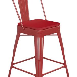 Flash Furniture Kai Commercial 24" High Indoor-Outdoor Counter Height Stool - Red Galvanized Steel Frame - Red Square All-Weather Poly Resin Seat - Removable Back