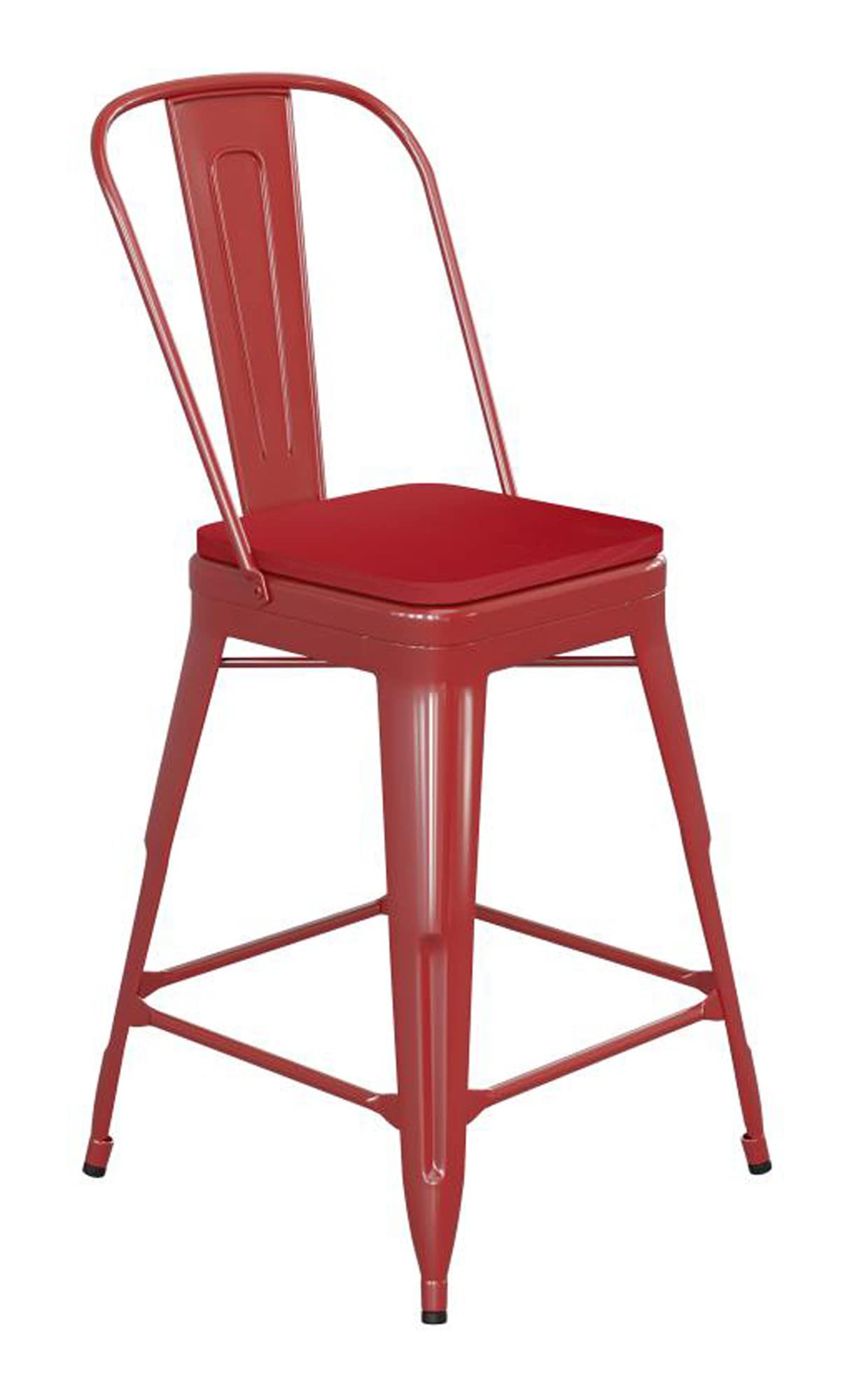 Flash Furniture Kai Commercial 24" High Indoor-Outdoor Counter Height Stool - Red Galvanized Steel Frame - Red Square All-Weather Poly Resin Seat - Removable Back