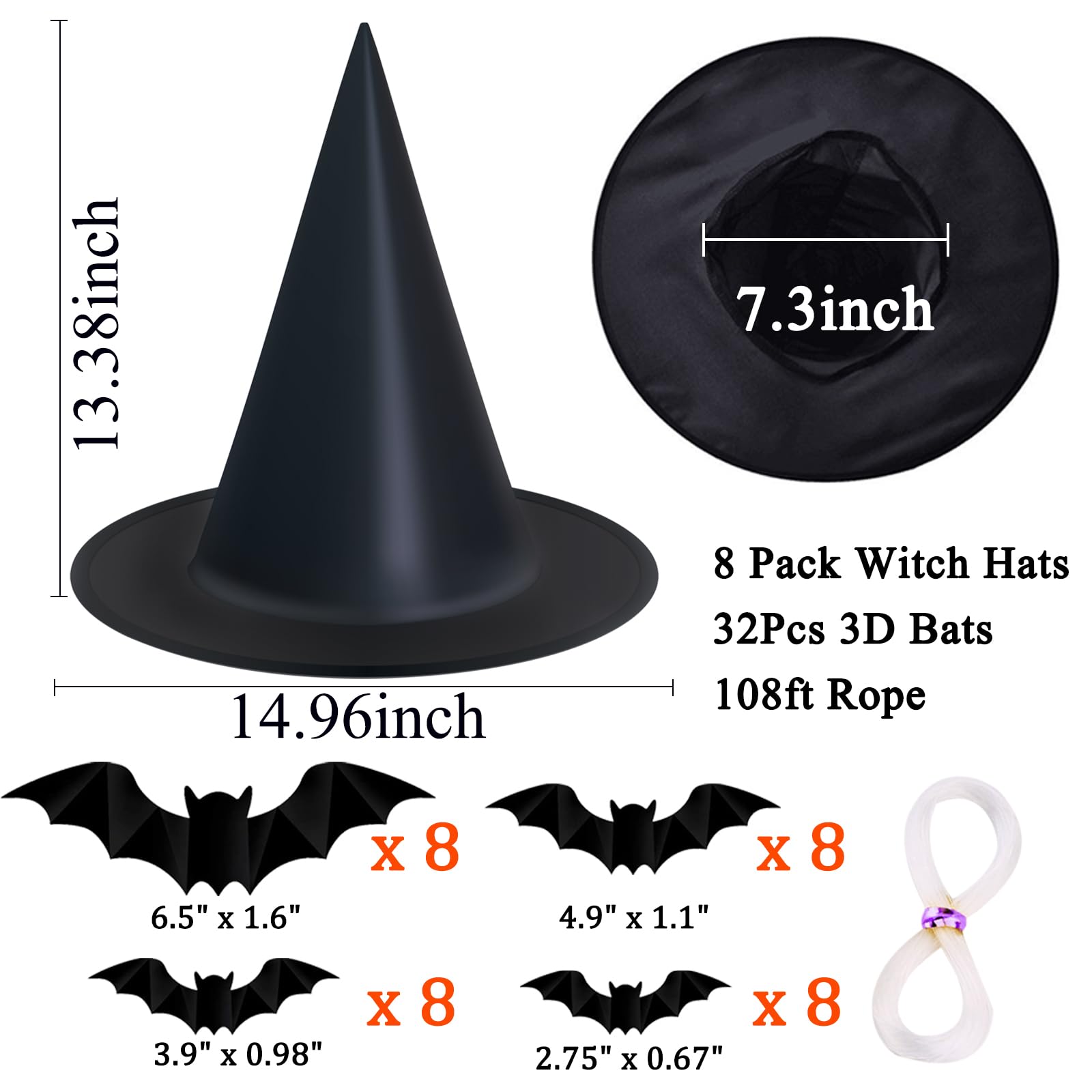 8Pcs Halloween Black Witch Hat Costume Accessories Decorations Hanging Witch Hat 32 Pcs 3D Bats Indoor Outdoor Halloween Decorations