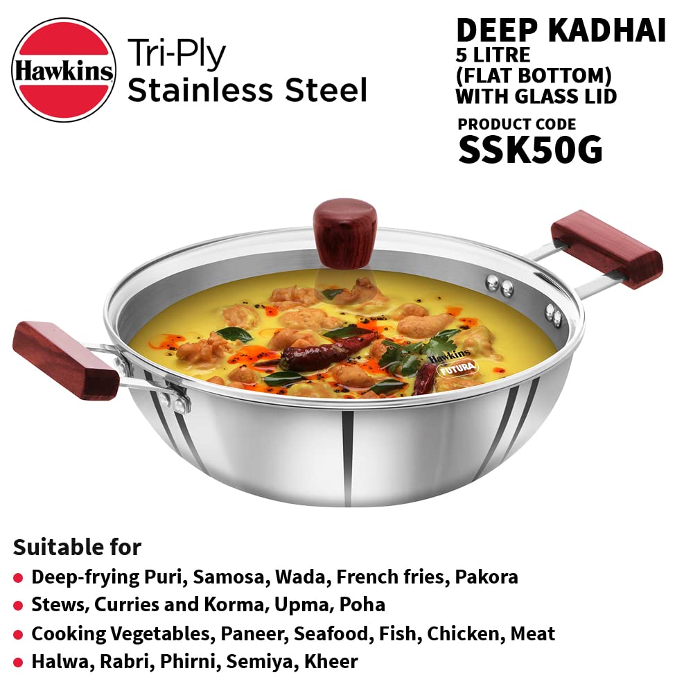 HAWKINS 5 Litre Deep Kadhai, Triply Stainless Steel Kadai with Glass Lid, Flat Bottom Induction Deep Kadhai, Big Kadai, Silver (SSK50G)