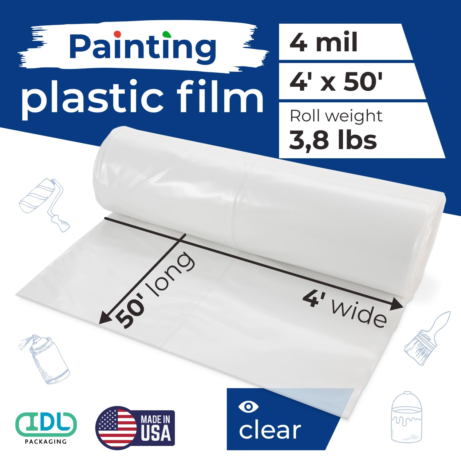 IDL Packaging Clear 4 mil Plastic Sheeting for Painting, 4' x 50' (200 sq. ft.) LDPE Film Roll - Heavy-Duty Thick Polyethylene for Painting, Construction, Home Use - Drop Cloth & Vapor Barrier