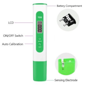 TDS Meter Digital Water Quality Tester for RO-RODI System Drinking Water,Aquariums, Hydroponics,0-9990 ppm Measuring Range,1 ppm Increments,2% Readout Accuracy（Green）