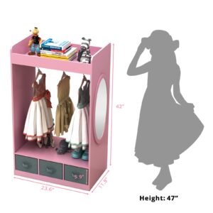 Guangshuohui Costume Organizer,Costume Rack, Dress up Storage with Mirror and Storage Bin,Open Hanging Play Armoire Dresser with Mirror,Pretend Storage Closet for,Costume Storage Dresser-Pink