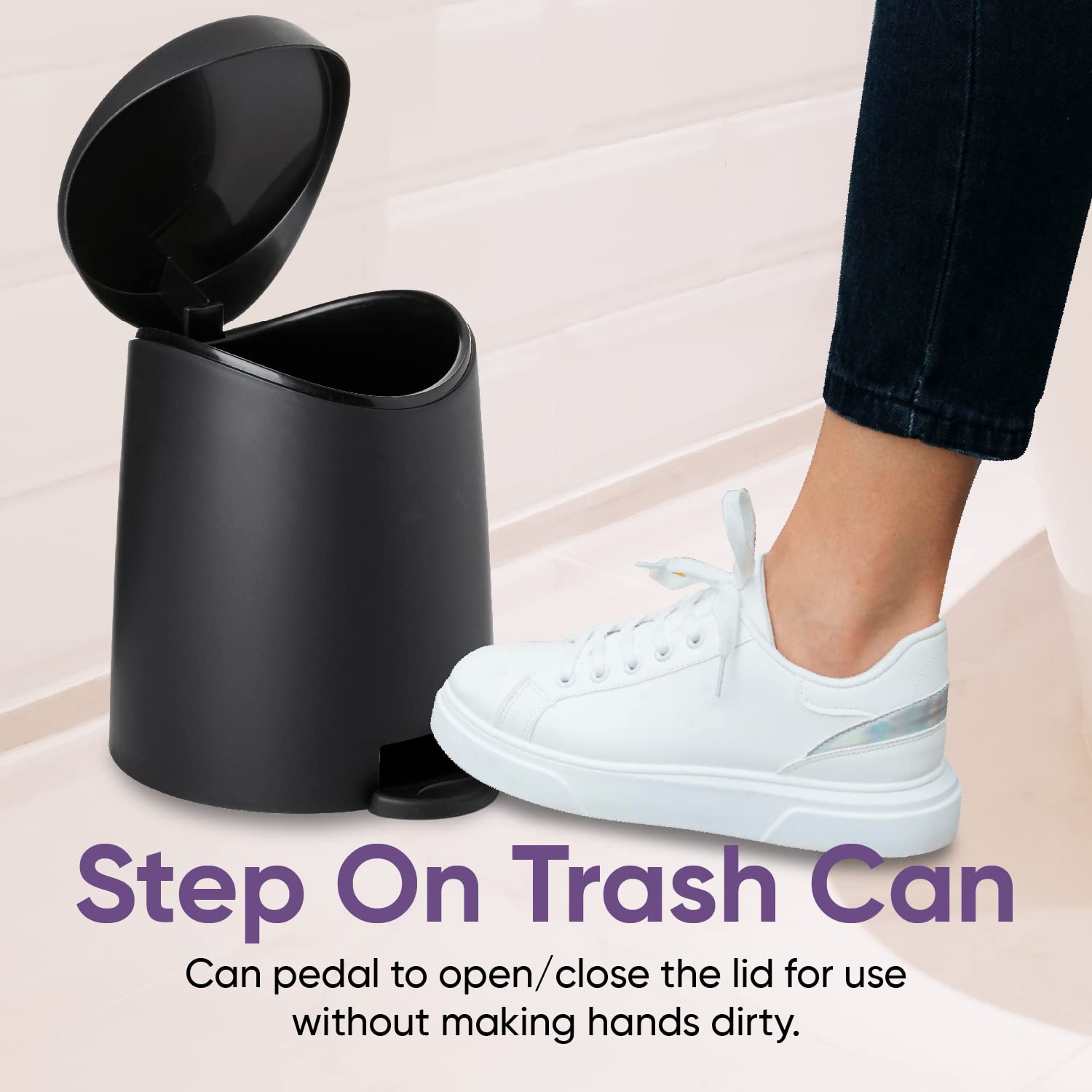 Superio Mini Bathroom Trash Can with Lid 3 Liter, Plastic Waste Bin 0.75 Gallon, Modern Flat Lid Step On Trash Can with Foot Pedal, for Bathroom, Bedroom, Office, Under Desk, Soft Close (2, Black)