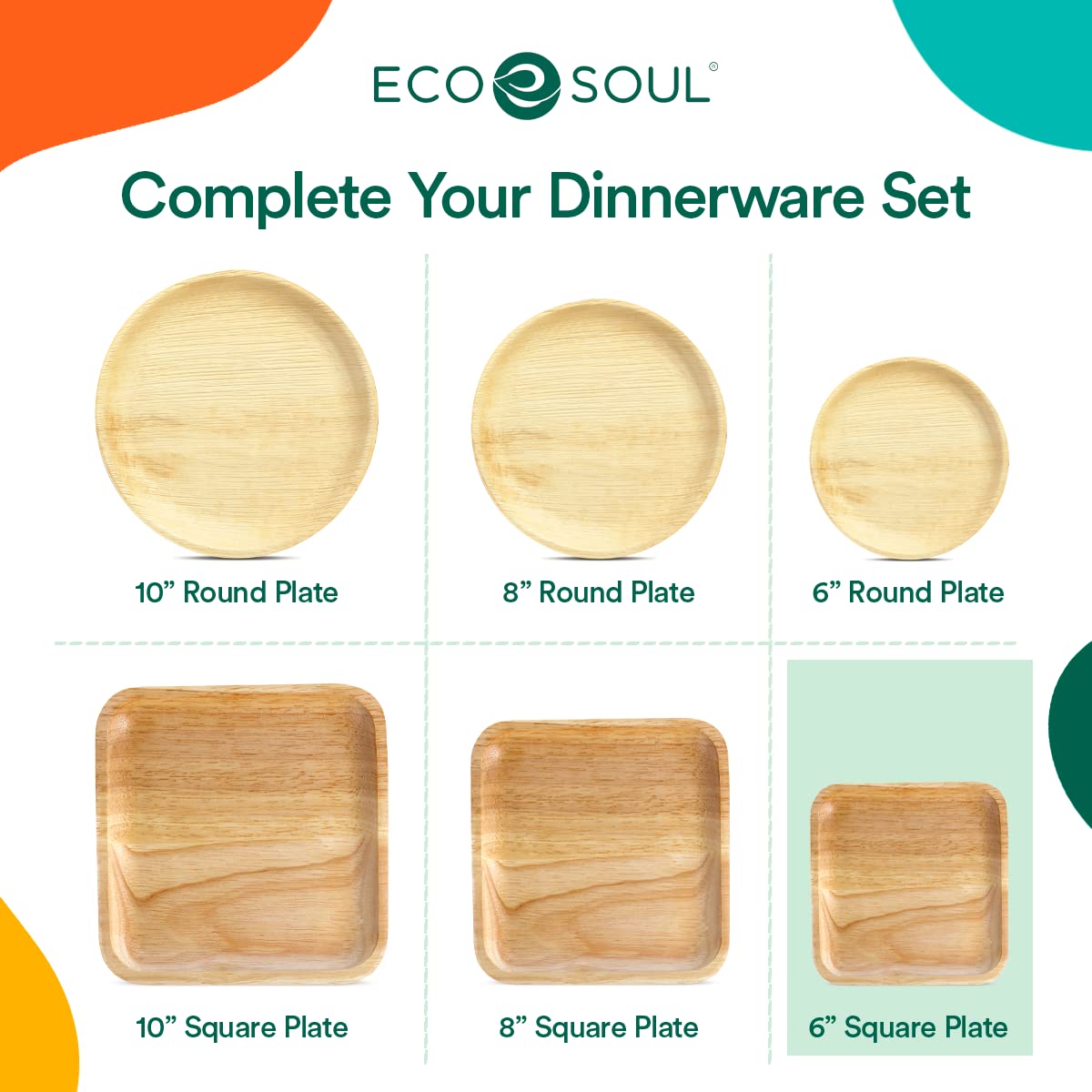 ECO SOUL Compostable 6 Inch Small Palm Leaf Round Plates (100, 6" Square Plates)