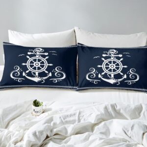 Erosebridal Nautical Anchor Bedding Set for Boys, Compass Adventure Comforter Set Coastal Compass Duvet Sets Ocean Sailboat Bedding Comforters for Kids Teens Adult Bedroom, Navy Blue(Queen Size)