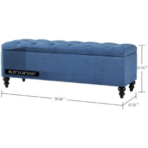 Storage Ottoman 50.2 Inches Upholstered Fabric Storage Ottoman Bench，Button Tufted Ottoman with Storage for Living Room，Bedroom End of Bed Bench Withstands 302lbs (Blue)