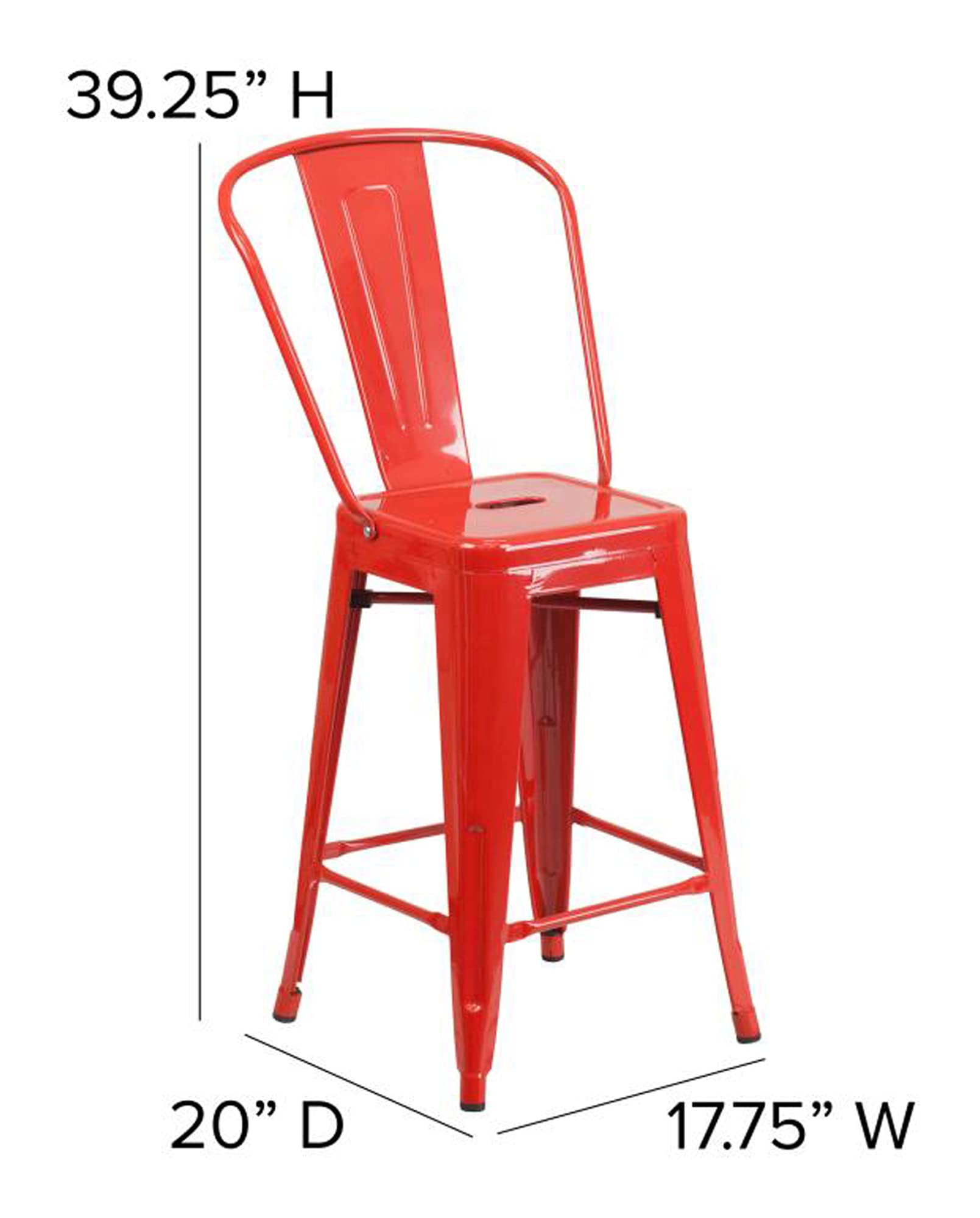 Flash Furniture Kai Commercial 24" High Indoor-Outdoor Counter Height Stool - Red Galvanized Steel Frame - Red Square All-Weather Poly Resin Seat - Removable Back