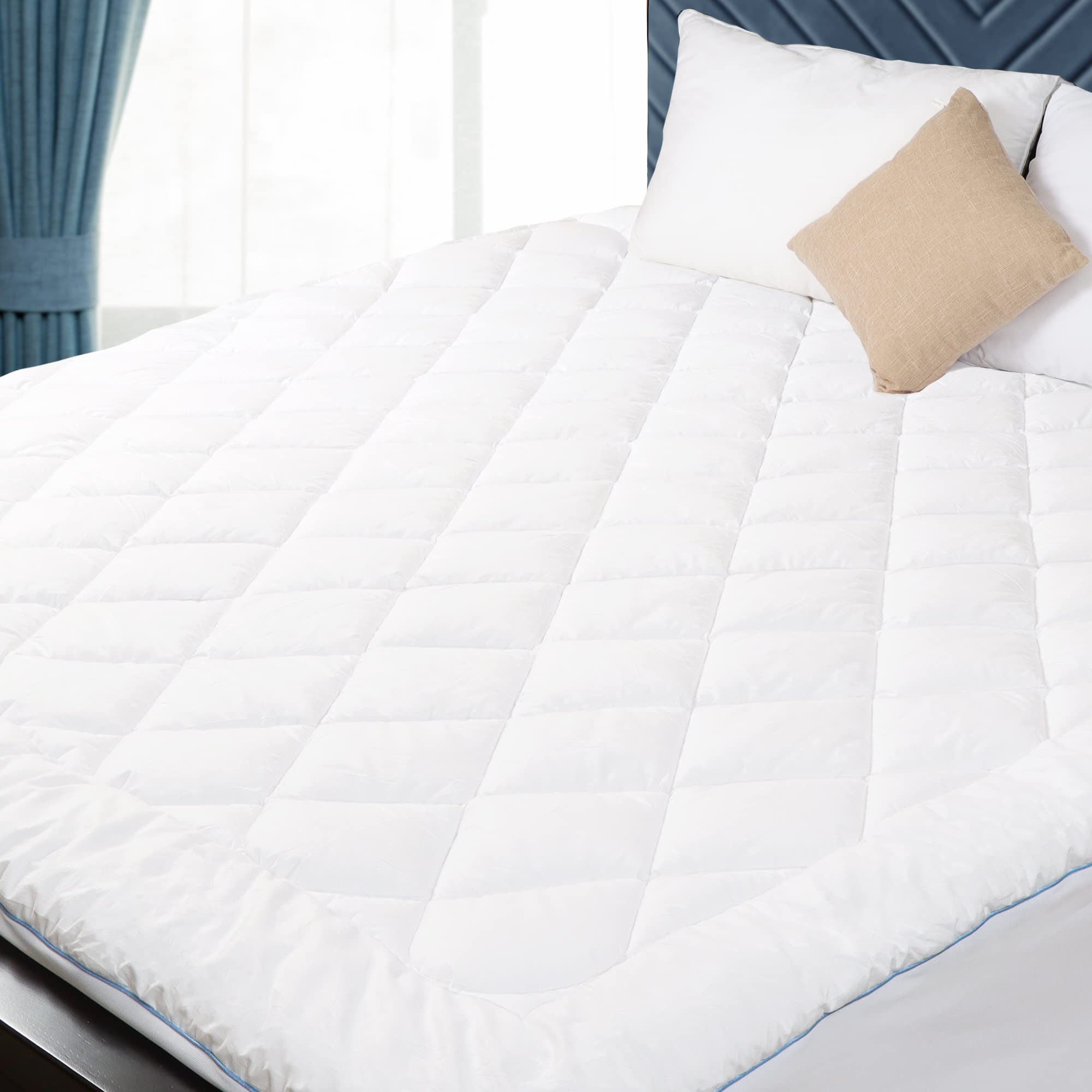 HOMTEC Queen Mattress Pad Cotton Mattress Pad Cover Quilted Mattress Cover 18-22" Deep Pocket Mattress Protector Queen Size Thin Down Alternative Filling Noiseless & Breathable White