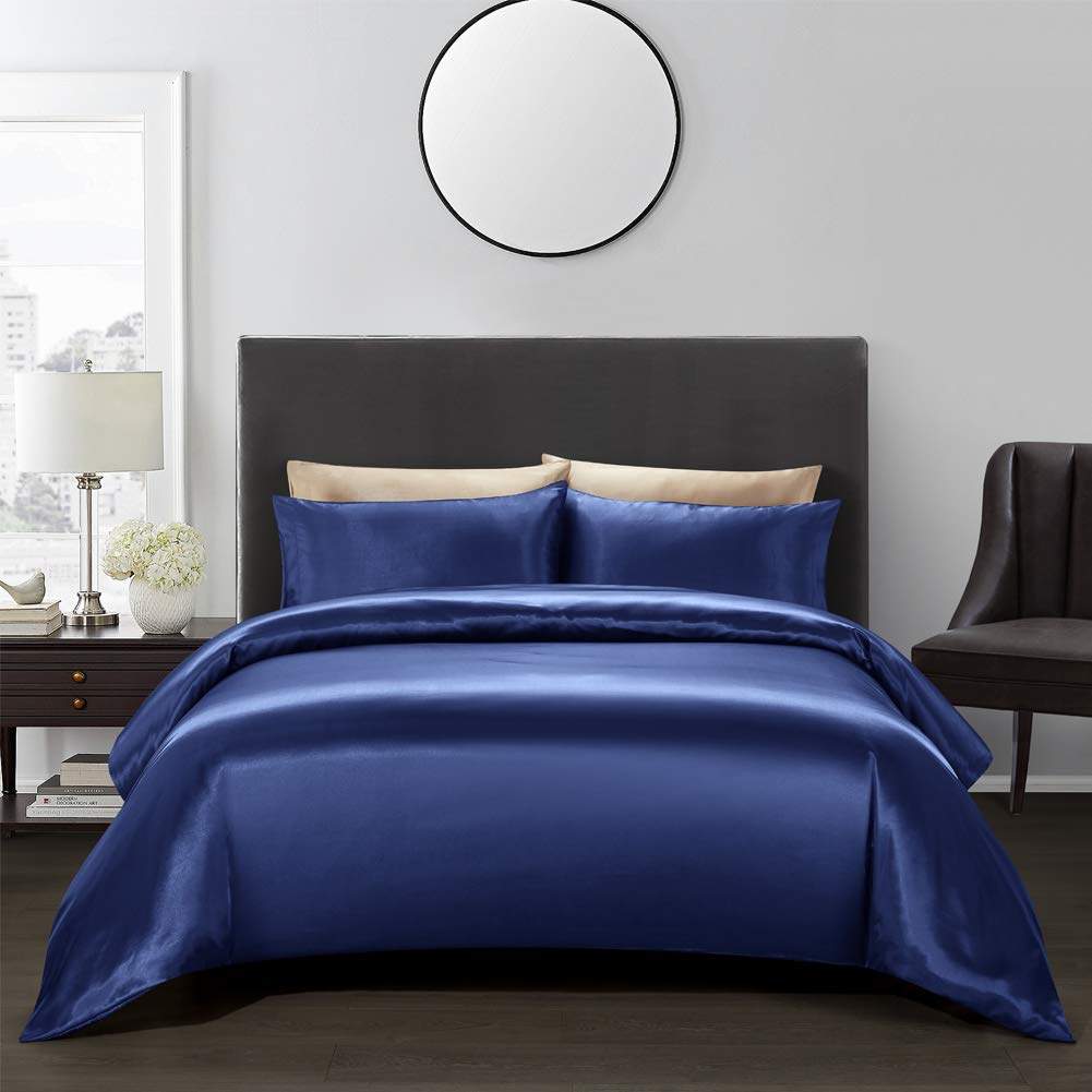 Opulence Bedding Silk Satin Duvet Cover Set Twin 3 Piece (Duvet Cover + 2 Pillowcases) Duvet Cover Twin Size Navy Blue Satin Comforter Cover Zipper Closure