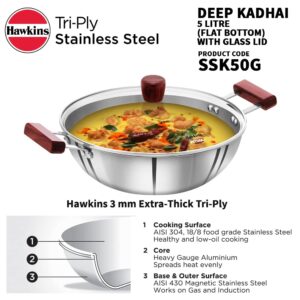 HAWKINS 5 Litre Deep Kadhai, Triply Stainless Steel Kadai with Glass Lid, Flat Bottom Induction Deep Kadhai, Big Kadai, Silver (SSK50G)