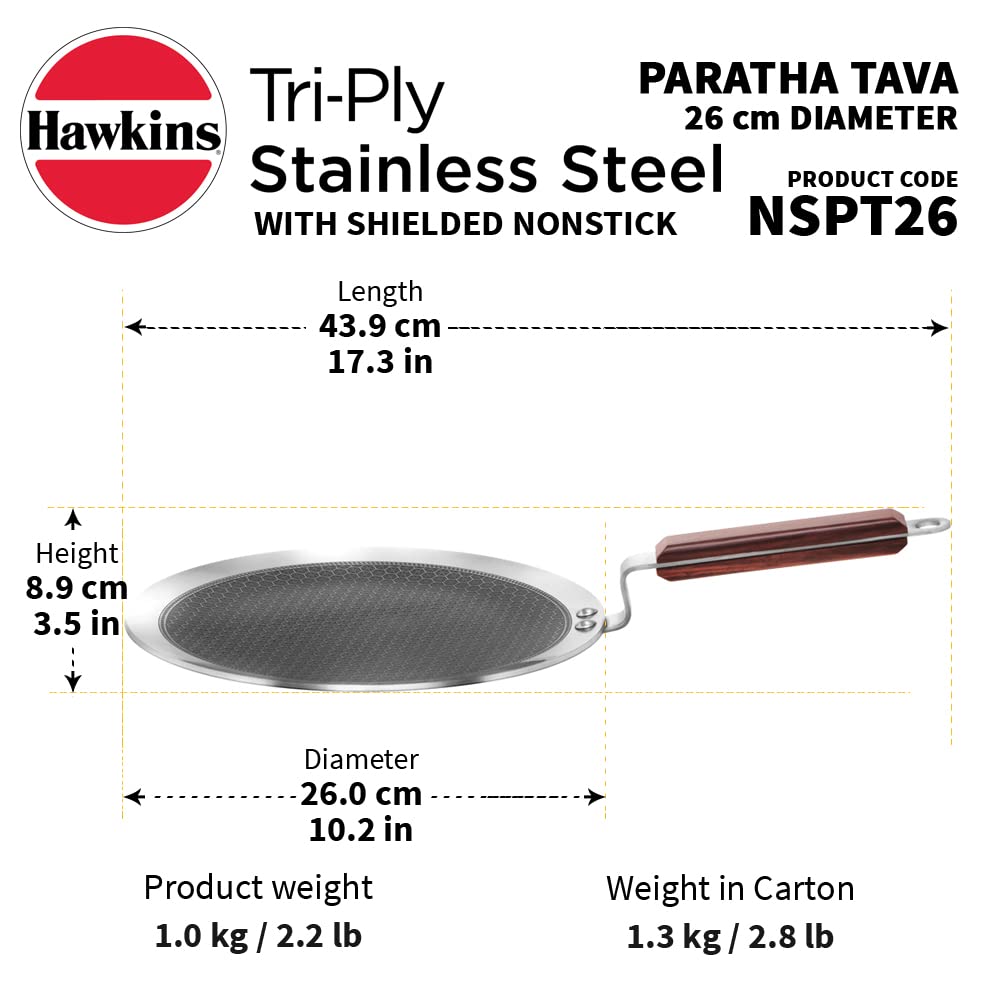 HAWKINS 26 cm Paratha Tava, Triply Stainless Steel Shielded Nonstick Tawa with Rosewood Handle, Honeycomb Non Stick Induction Tawa, Silver (NSPT26)