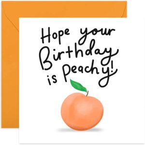 old english co. peachy birthday card - funny fruit pun birthday wishes for him, her, them | perfect for friends family, men and women| blank inside & envelope included