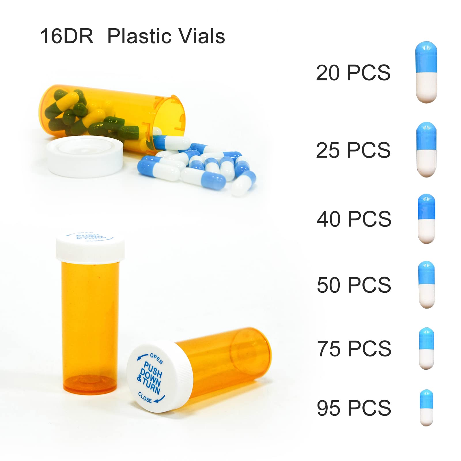 Pill Bottles with Child Resistant Cap, Prescription Vials - Push Down and Turn - Empty Medicine Plastic Containers Safety Cover for Personal Medication & Pharmacy (16dram, Amber, 12pcs)