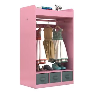 Guangshuohui Costume Organizer,Costume Rack, Dress up Storage with Mirror and Storage Bin,Open Hanging Play Armoire Dresser with Mirror,Pretend Storage Closet for,Costume Storage Dresser-Pink