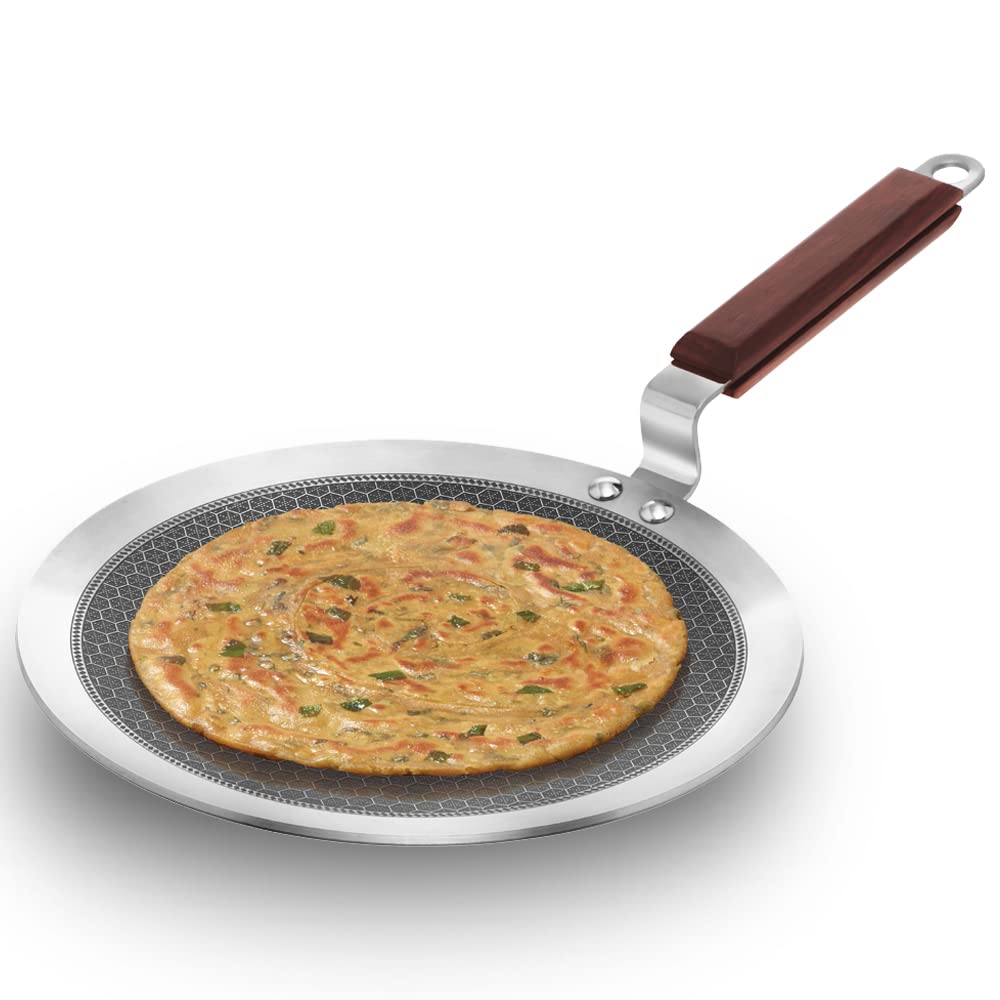 HAWKINS 26 cm Paratha Tava, Triply Stainless Steel Shielded Nonstick Tawa with Rosewood Handle, Honeycomb Non Stick Induction Tawa, Silver (NSPT26)