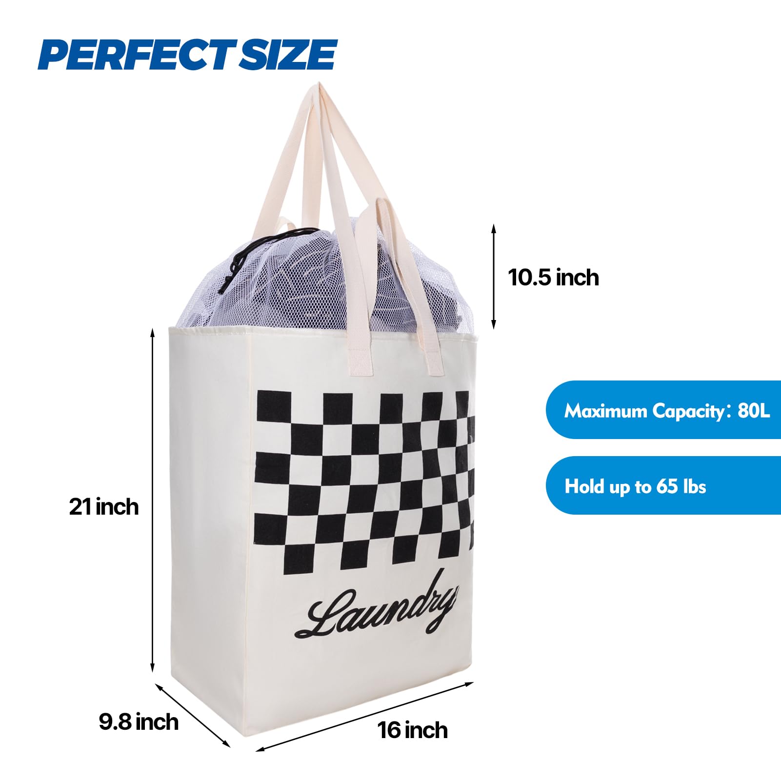 Cotton Laundry Bag XL, AXJ Extra Large Heavy Duty Dirty Clothes Bags, Storage Bag with Fixed Drawstring Mesh, Shoulder Straps and Handles, VOL 80L, 16” x 9.8” x 21” (Creamy-white)