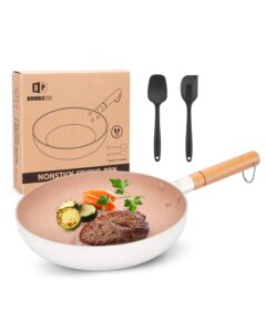 bundlepro nonstick frying pan, granite coating skillet with wooden handle, 9.4'' induction compatible white aluminum cookware for cooking fish, egg, chicken, steak,vegetables