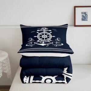 Erosebridal Nautical Anchor Bedding Set for Boys, Compass Adventure Comforter Set Coastal Compass Duvet Sets Ocean Sailboat Bedding Comforters for Kids Teens Adult Bedroom, Navy Blue(Queen Size)