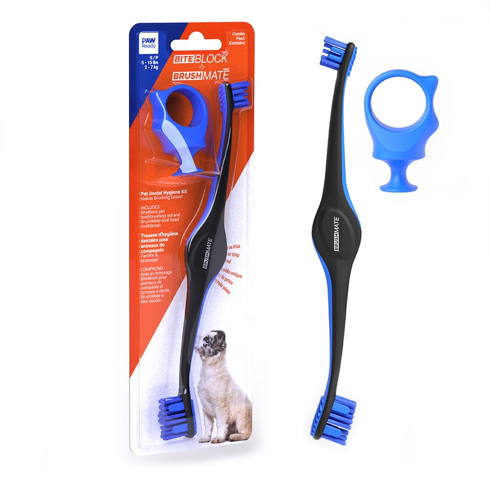 Dog Toothbrush and Bite Block Assistant Combo Pack by Paw Ready for Puppies' Dogs and Cats Small Size for use with Pets Between 5-15 lbs. (2-7kg) Protects Hands and Fingers While Brushing