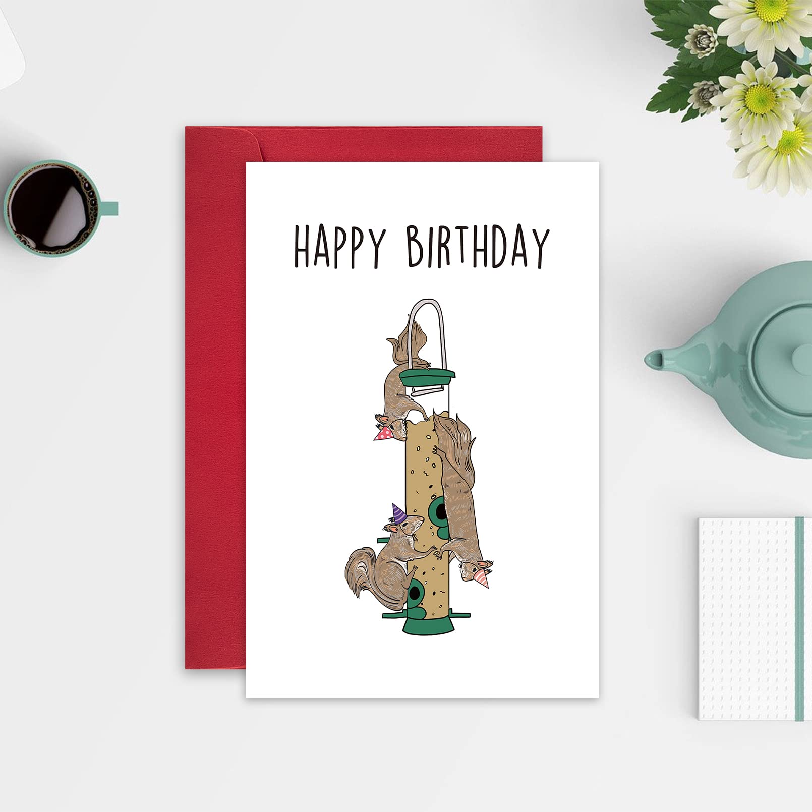 Leinessy Bird Feeder Happy Birthday Card, Funny Birthday Card for Dad Husband Friend, Lovely Squirrel Bday Card