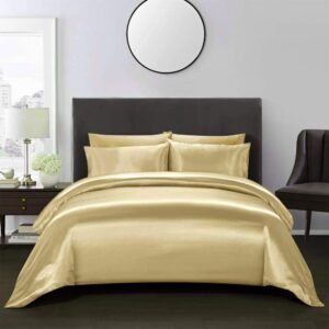 Opulence Bedding Silk Satin Duvet Cover Set Gold California King 3 Piece (Duvet Cover + 2 Pillowcases) Comforter Cover California King Size Zipper Closure