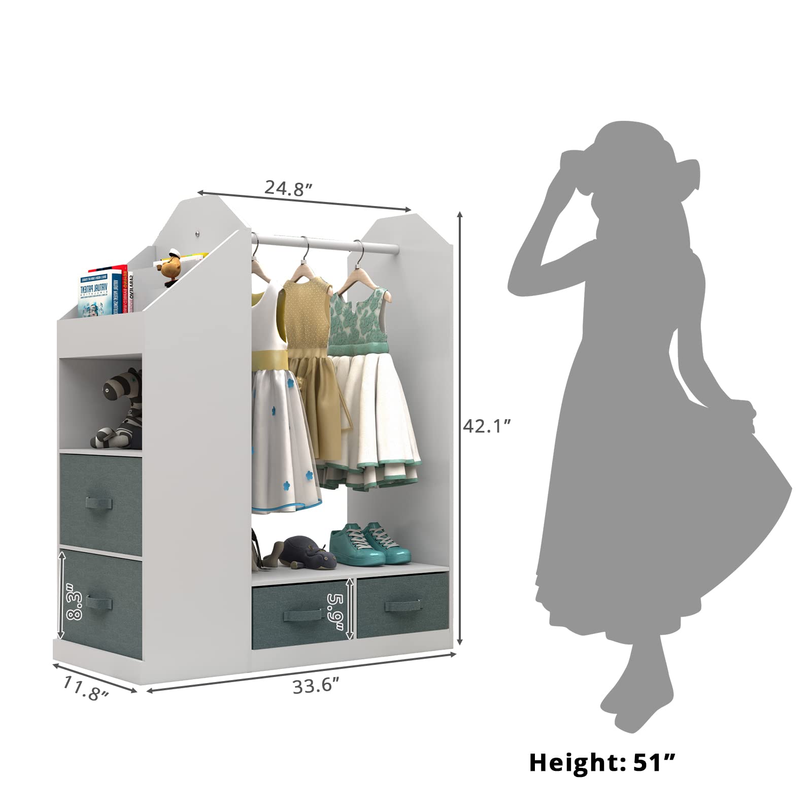 Kids Costume Organizer,Costume Rack, Kids Dress up Storage with Mirror and Storage Bin,Open Hanging Kids Play Armoire Dresser with Mirror,Pretend Storage Closet for Kids,Costume Storage Dresser,WHITE