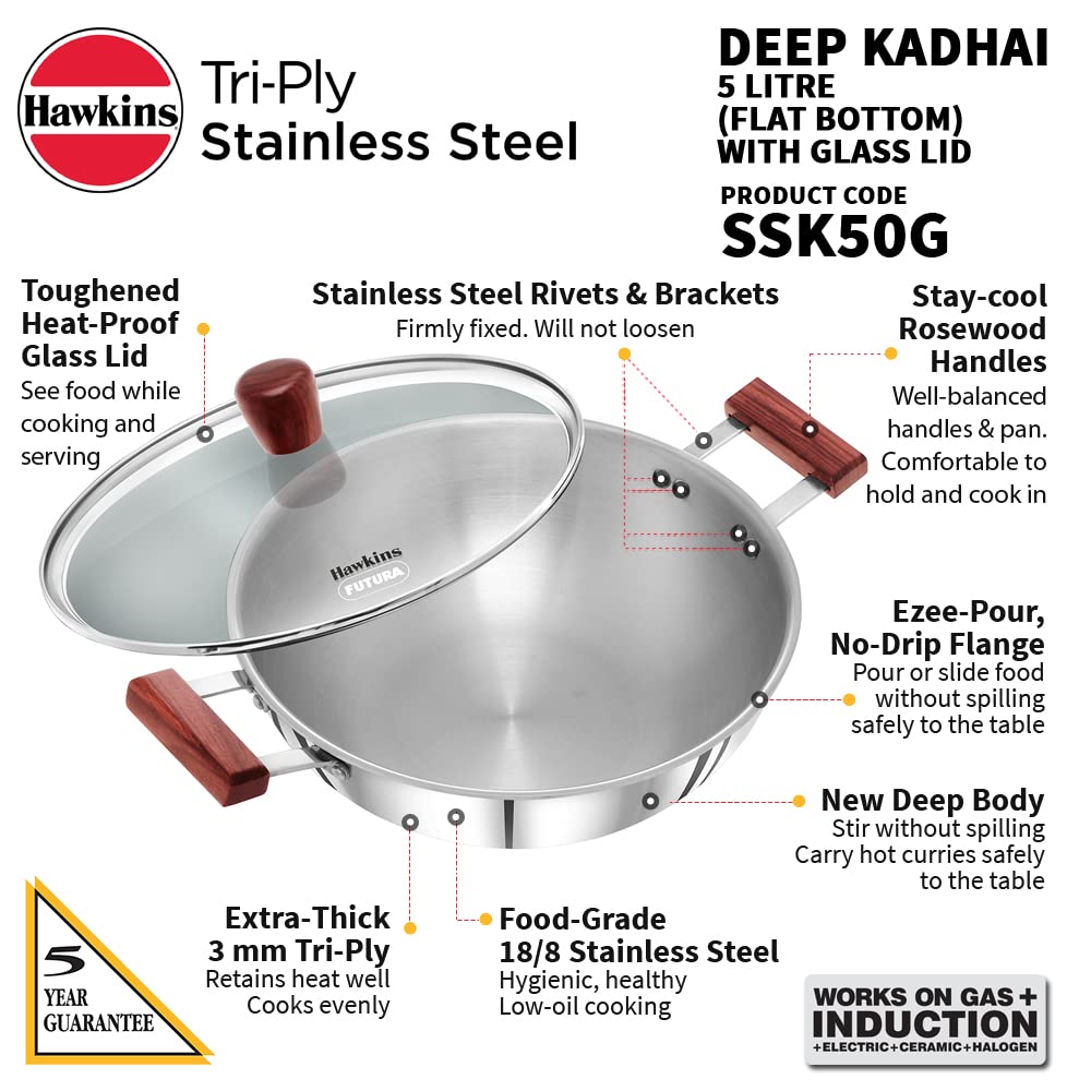 HAWKINS 5 Litre Deep Kadhai, Triply Stainless Steel Kadai with Glass Lid, Flat Bottom Induction Deep Kadhai, Big Kadai, Silver (SSK50G)