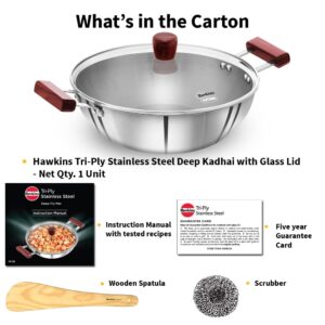 HAWKINS 5 Litre Deep Kadhai, Triply Stainless Steel Kadai with Glass Lid, Flat Bottom Induction Deep Kadhai, Big Kadai, Silver (SSK50G)