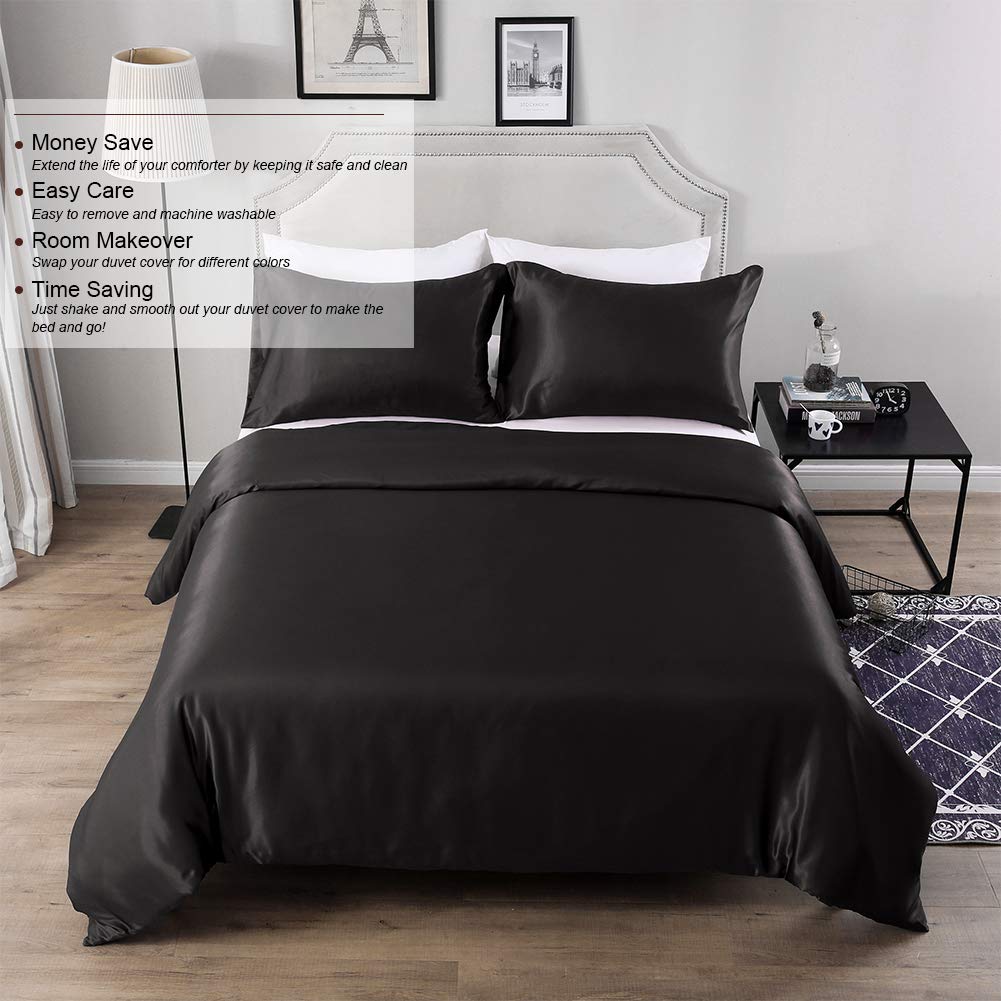 Opulence Bedding Silk Satin Duvet Cover Set Black Oversized King 3 Piece (Duvet Cover + 2 Pillowcases) Comforter Cover Oversized King Size Zipper Closure