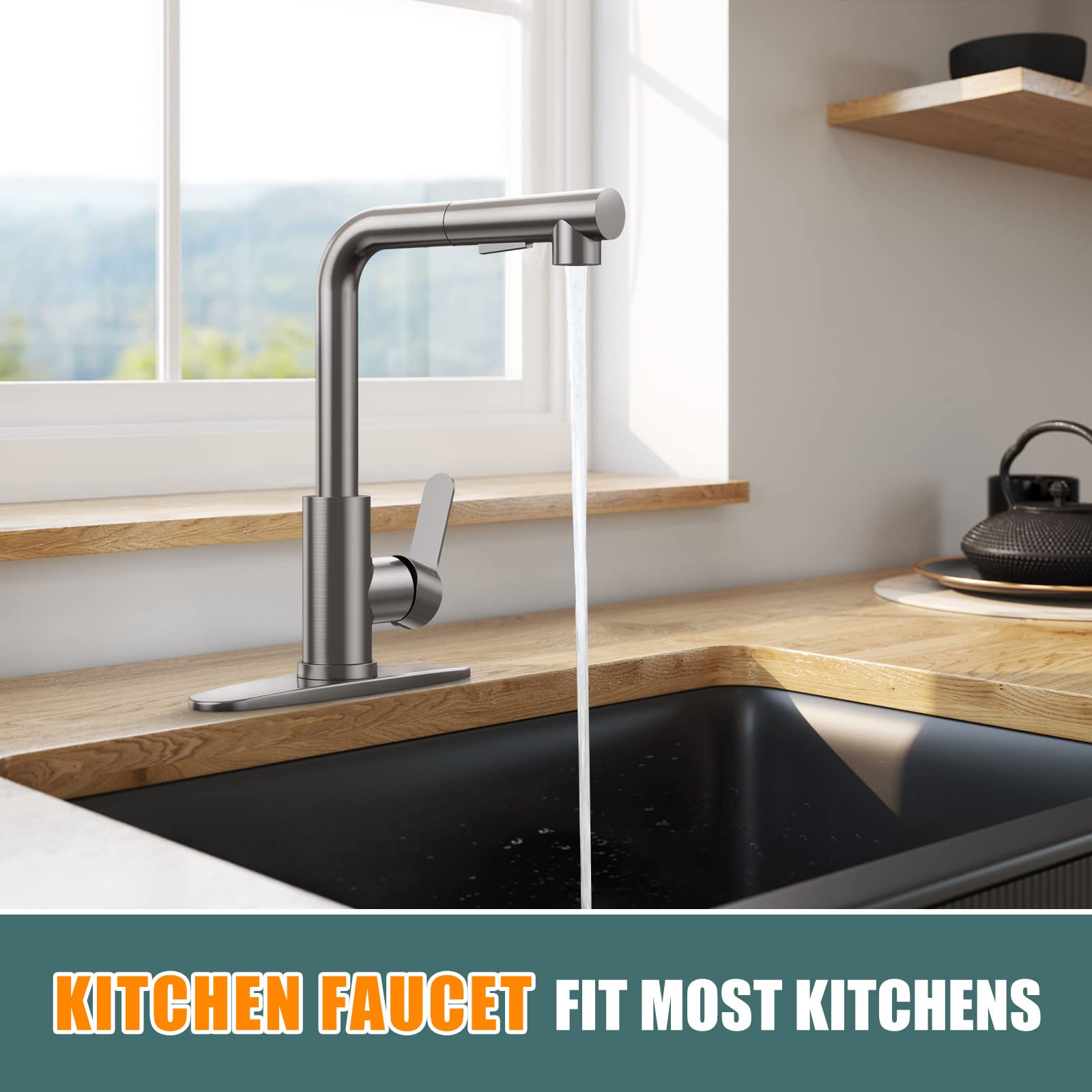 Kitchen Faucets, Brushed Grey Kitchen Faucet with Pull Down Sprayer and Deck Plate, Stainless Steel Commercial Utility Kitchen Faucets for Sink 3 Hole for Bar Rv Camper Laundry Outdoor Farmhouse Sink