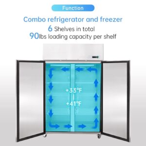 Aceland ARF-48B Reach-in Double door COMBO Refrigerator & Freezer 36 Cu. Ft. for Restaurant, Bar, Shop, Residential(Commercial Kitchen Equipment), Silver